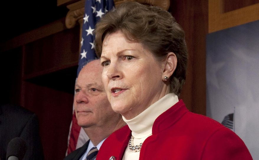 FILE - In this Dec. 16, 2010 file photo, Sen. Jeanne Shaheen, D-N.H. speaks during a news conference on Capitol Hill in Washington. The Senate approved a long-delayed bill to boost energy efficiency Friday that includes incentives to cut energy use in commercial buildings, manufacturing plants and homes. (AP Photo/Harry Hamburg, File)