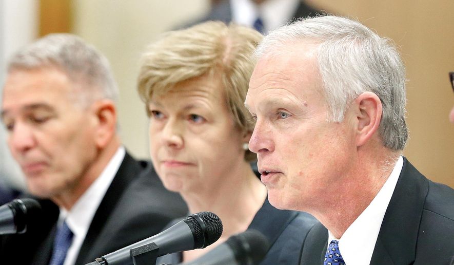 U.S. Sen. Ron Johnson, R-Wis., speaks during a Joint Hearing of the Committee on Homeland Security and Governmental Affairs of the U.S. Senate and the Committee on Veterans’ Affairs of the U.S. House of Representatives Monday, March 31, 2015 in Tomah, Wis. The committees heard testimony on allegations of narcotic overprescribing practices and retaliatory behavior at the Tomah VA hospital. (AP Photo/La Crosse Tribune, Erik Daily) **FILE**
