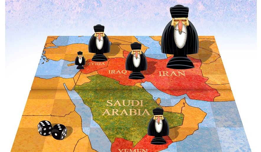 Illustration on Iran&#x27;s greater ambitions in the Middle East by Alexander Hunter/The Washington Times