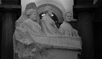 &quot;Three Women in a Bathtub,&quot; statue for women&#39;s suffrage in capitol crypt below the rotunda. This September 15, 1964, photo shows bust of Lucretia Mott, Elizabeth Cady Stanton and Susan B. Anthony rising from a block of white marble. (AP/Photo)