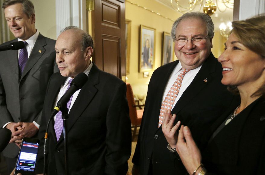 File - In this Jan. 12, 2015, file photo, Massachusetts Republican Gov. Charlie Baker, left, Democratic legislative leaders Senate President Stan Rosenberg, second from left, House Speaker Robert DeLeo, second from right, and Massachusetts Lt. Gov. Karyn Polito, right, face the media at the Statehouse, in Boston. Polito, a one-time staunch opponent of gay marriage, will officiate at the wedding of Rosenberg to his partner Bryon Hefner, Rosenberg confirmed on Wednesday, April 1, 2015. (AP Photo/Steven Senne, File)