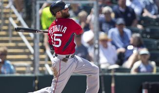 Boston Red Sox&#x27;s Dustin Pedroia hit a single in the fifth inning during an exhibition spring training baseball game against the Minnesota Twins, Wednesday, April 1, 2015, in Fort Myers, Fla. (AP Photo/Brynn Anderson)