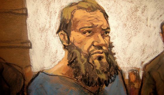 In this courtroom sketch, Muhanad Mahmoud Al Farekh makes a brief appearance at federal court in New York, Thursday, April 2, 2015. Authorities say that the U.S. citizen traveled from Canada to Pakistan to train with al-Qaida in order to carry out jihad and conspired to kill American soldiers. (AP Photo/Jane Rosenberg)