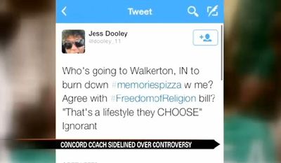 Concord High School girl&#x27;s golf coach Jess Dooley has been suspended without pay after she posted a tweet threatening to burn down a Walkerton pizza shop for refusing to cater gay weddings. (ABC 57)