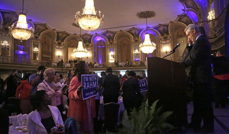 In this Wednesday, April 1, 2015 photo, Chicago Mayor Rahm Emanuel waits for applause to stop before speaking at a African-American Women for Rahm luncheon in Chicago. Emanuel’s predecessor, Richard M. Daley, barely broke a sweat during most of his campaigns over more than 20 years in office. But Emanuel failed to win a majority in a five-candidate field in February, prompting the first mayoral runoff since Chicago switched to nonpartisan elections two decades ago. With a runoff election between Emanuel and challenger Jesus “Chuy” Garcia set for Tuesday, April 7, 2015, Chicago voters are being treated to something they haven’t seen in a long time: a mayor actually having to work to win re-election. (AP Photo/M. Spencer Green)