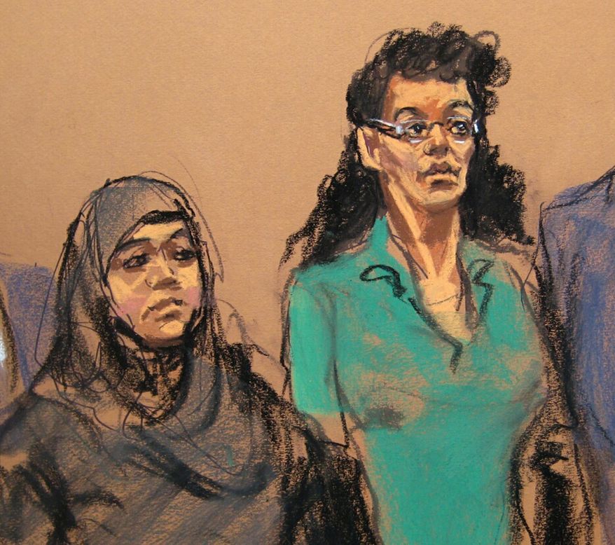 FILE- In this April 2, 2015 courtroom sketch, defendants Noelle Velentzas, left and Asia Siddiqui, appear at federal court in New York on charges they plotted to wage violent jihad by building a homemade bomb and using it for a Boston Marathon-type terror attack. According to prosecutors, the pair weren’t interested in taking on the subservient role of going overseas to marry the militant group fighters, but sought to "make history" on their own by building a bomb and attacking a domestic target. (AP Photo/Jane Rosenberg, File)
