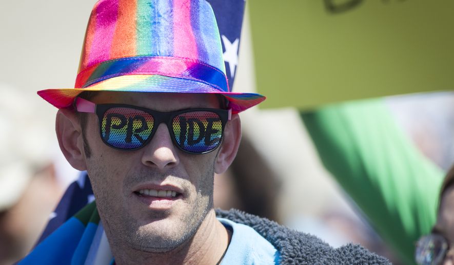 Craig Hames, of Evansville, Ind., participates in a demonstration with other opponents of Indiana Senate Bill 101, the Religious Freedom Restoration Act, in Indianapolis on Saturday, April 4, 2015. Protesters are pushing for a state law that specifically bars discrimination based on sexual orientation or gender identity. (AP Photo/Doug McSchooler)
