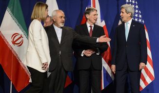 FILE - In this file photo taken Thursday, April 2, 2015, from left, EU High Representative for Foreign Affairs and Security Policy, Federica Mogherini, Iranian Foreign Minister, Mohammad Javad Zarif, British Foreign Secretary, Philip Hammond, and U.S. Secretary of State, John Kerry, line up for a press announcement after a new round of Nuclear Iran Talks in the Learning Center at the Swiss federal Institute of Technology (EPFL) in Lausanne, Switzerland. If, as critics contend, the nuclear framework deal between world powers and Tehran ends up projecting U.S. weakness instead, that could embolden rogue states and extremists alike, and make the region&#39;s vast array of challenges even more impervious to Western intervention. (AP Photo/Keystone, Jean-Christophe Bott, File)