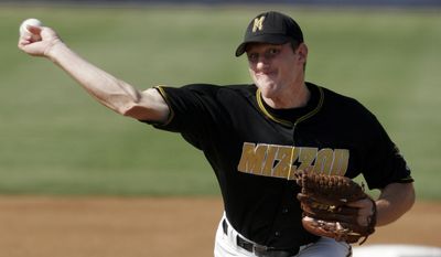 Missouri pitcher Max Scherzer throws to Arizona in the first inning at the NCAA baseball regionals play-offs in Fullerton, Calif, on Friday, June 3, 2005. (AP Photo/Francis Specker)