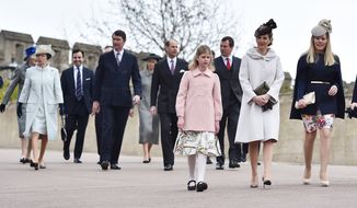 Members of the British royal family, including left to right (excluding back row) Britain&#39;s Prince Andrew, Princess Anne and her husband Timothy Laurence, Prince Edward Earl of Wessex, Lady Louise Windsor, Sophie Countess of Wessex, Autumn Philips and Princess Beatrice, arrive for the Easter Sunday church service at St George&#39;s Chapel, Windsor Castle, in Windsor, England on Sunday, April 5, 2015. (AP Photo/Ben Stansall, Pool)