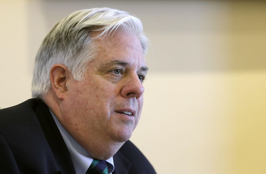 Maryland Gov. Larry Hogan discusses the budget debate in the final week of the state&#39;s legislative session during an interview in his office with The Associated Press, Monday, April 6, 2015, in Annapolis, Md. (AP Photo/Patrick Semansky)