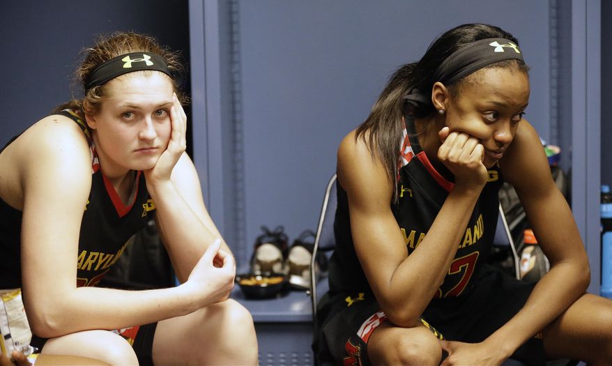 Maryland's Tierney Pfirman, left, and Shatori Walker-Kimbrough sit in the locker room after the second half of the NCAA Women's Final Four tournament college basketball semifinal game against Connecticut, Sunday, April 5, 2015, in Tampa, Fla. Connecticut won 81-58. (AP Photo/Brynn Anderson)
