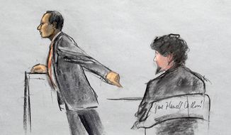 In this courtroom sketch, Assistant U.S. Attorney Aloke Chakravarty is depicted pointing to defendant Dzhokhar Tsarnaev, right, during closing arguments in Tsarnaev&#39;s federal death penalty trial Monday, April 6, 2015, in Boston. Tsarnaev is charged with conspiring with his brother to place two bombs near the Boston Marathon finish line in April 2013, killing three and injuring 260 people. (AP Photo/Jane Flavell Collins) ** FILE **