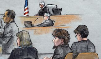 In this courtroom sketch, Assistant U.S. Attorney Aloke Chakravarty, left, is depicted addressing the jury as defendant Dzhokhar Tsarnaev, second from right, sits between his defense attorneys during closing arguments in Tsarnaev&#39;s federal death penalty trial Monday, April 6, 2015, in Boston. (AP Photo/Jane Flavell Collins) ** FILE **