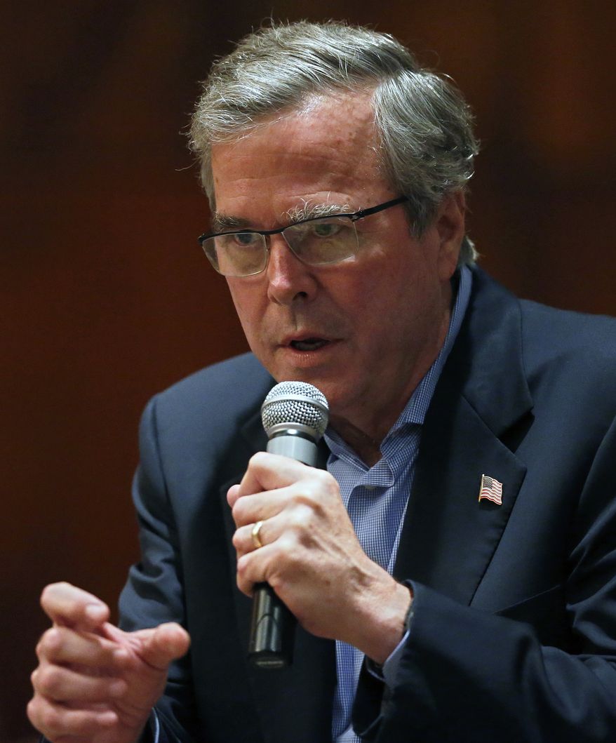 Former Florida Gov. Jeb Bush gestures during an energy forum, which he hosted, at the Brown Palace Hotel in Denver, Tuesday, April 7, 2015. (AP Photo/Brennan Linsley)