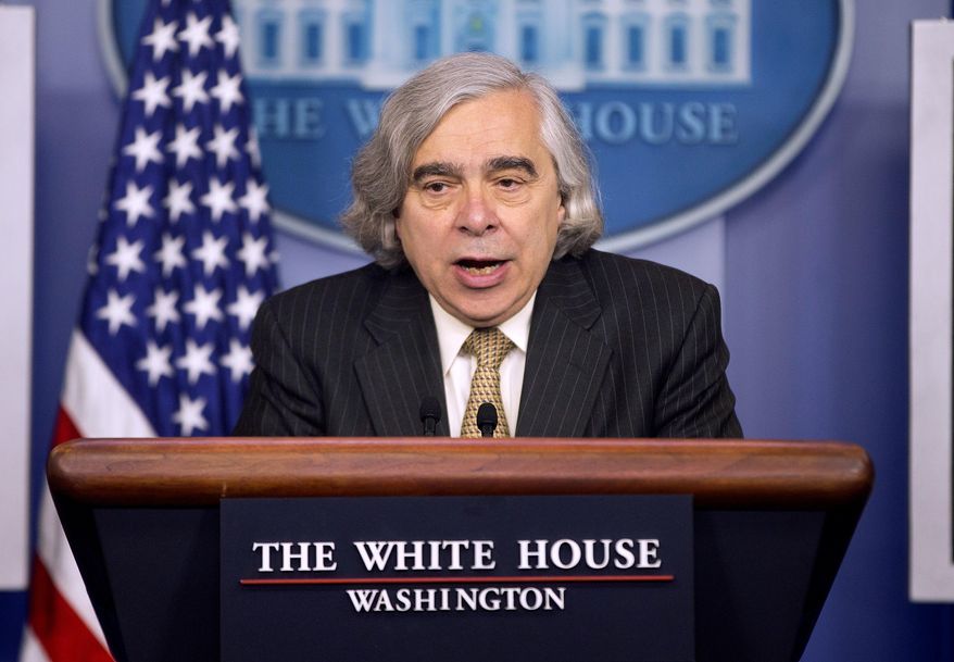 Energy Secretary Dr. Ernest Moniz speaks to the media during the daily briefing in the Brady Press Briefing Room of the White House in Washington, Monday, April 6, 2015. President Barack Obama is casting the Iran talks as part of a broader foreign policy doctrine that sees American power as a safeguard that gives him the ability to take calculated risks. (AP Photo/Pablo Martinez Monsivais)