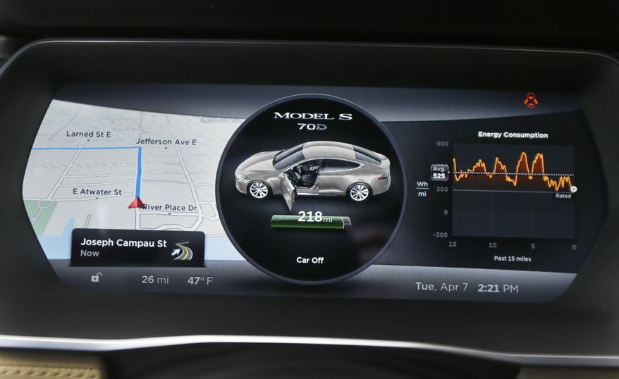 This Tuesday, April 7, 2015, photo shows the instrument panel of a Tesla Model S 70-D electric car during a test drive, in Detroit. Tesla is going after mainstream luxury car buyers by boosting the range, power and price of its low-end Model S. The $75,000 all-wheel-drive 70-D can go a government-certified 240 miles per charge, has 514 horsepower and can go from zero to 60 in 5.2 seconds. (AP Photo/Carlos Osorio)