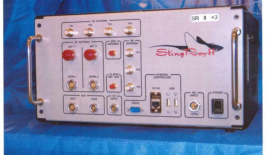 This undated handout photo provided by the U.S. Patent and Trademark Office shows the StingRay II, manufactured by Harris Corp., of Melbourne, Fla., a cellular site simulator used for surveillance purposes. (AP Photo/U.S. Patent and Trademark Office)