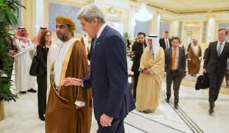 Secretary of State John F. Kerry talked with Yusuf bin Alawi bin Abdullah, Oman&#x27;s minister of foreign affairs, during a meeting of Persian Gulf delegates in March. Oman helped kick-start secret nuclear talks between Tehran and Washington in 2013. (Associated Press)