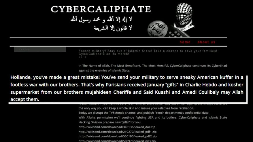 In this Wednesday, April 8, 2015 image made from video, the message shown on the website for TV5 is seen during its hack. Hackers claiming allegiance to the Islamic State group seized control of a global French television network, simultaneously blacking out 11 channels and taking over the network’s website and social media accounts. The attack appeared to be an unprecedented step in the extremist group’s information warfare tactics. (AP Photo/TV5 via AP video) **FILE**