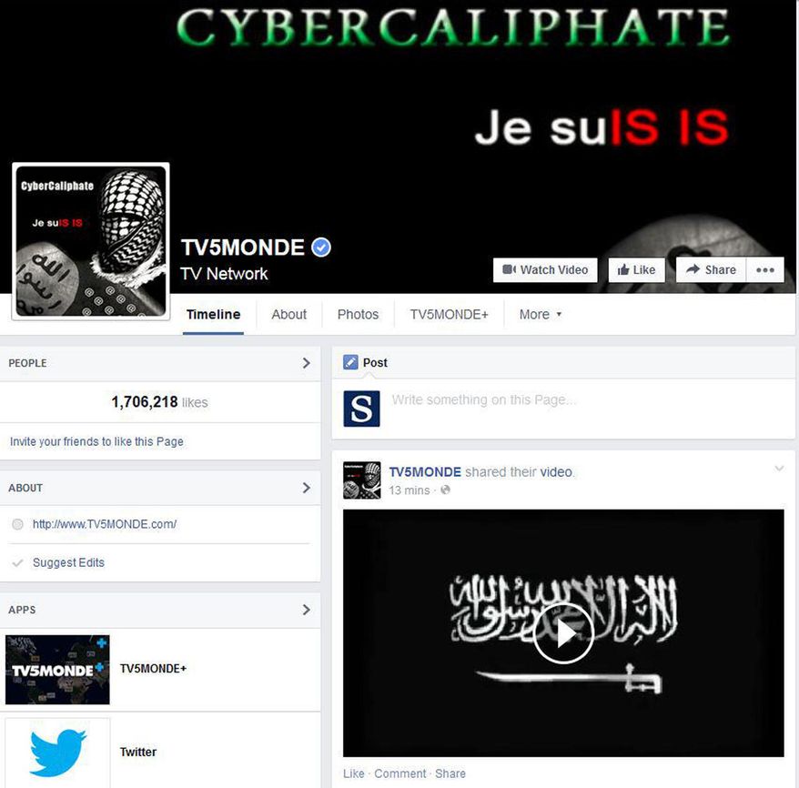 This screenshot provided by TV5 Monde on Thursday, April 9, 2015, shows its Facebook page hacked by people claiming allegiance to the Islamic State group, in Paris, France. Hackers claiming allegiance to the Islamic State group seized control of a global French television network, simultaneously blacking out 11 channels and taking over the network's website and social media accounts. (AP Photo/TV5 Monde) ** FILE **