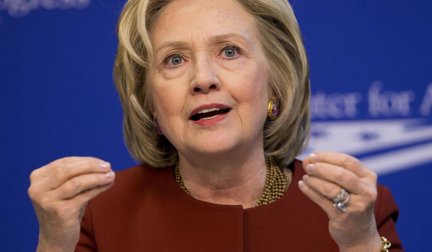 FILE - In this March 23, 2015 file photo, former Secretary of State Hillary Rodham Clinton speaks in Washington. Clinton will launch her long-awaited 2016 presidential campaign on Sunday, April 12, 2015, according to people familiar with her plans. The former secretary of state is making her second presidential bid and enters the race in a strong position to succeed her one-time rival, President Barack Obama. (AP Photo/Pablo Martinez Monsivais, File)