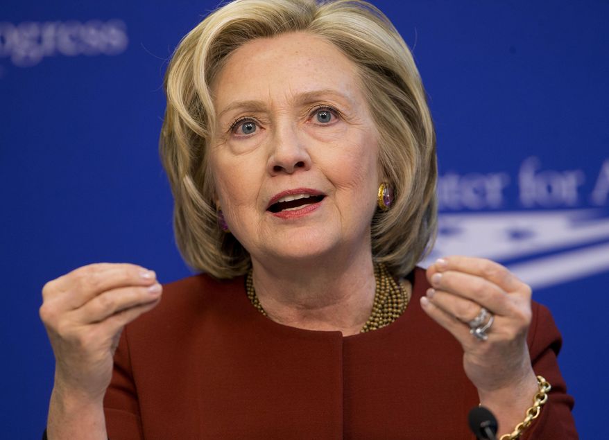FILE - In this March 23, 2015 file photo, former Secretary of State Hillary Rodham Clinton speaks in Washington. Clinton will launch her long-awaited 2016 presidential campaign on Sunday, April 12, 2015, according to people familiar with her plans. The former secretary of state is making her second presidential bid and enters the race in a strong position to succeed her one-time rival, President Barack Obama. (AP Photo/Pablo Martinez Monsivais, File)