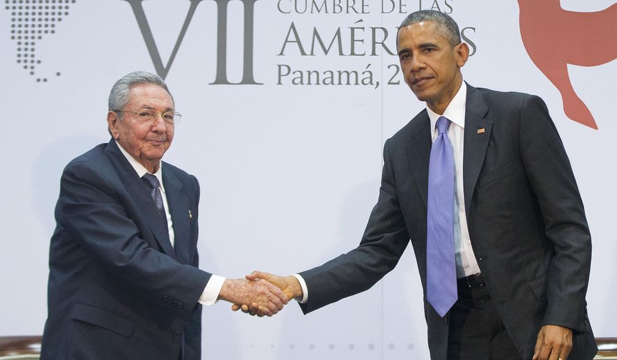 US President Barack Obama and Cuban President Raul Castro shake hands during their meeting at the Summit of the Americas in Panama City, Panama, Saturday, April 11, 2015. The leaders of the United States and Cuba held their first formal meeting in more than half a century on Saturday, clearing the way for a normalization of relations that had seemed unthinkable to both Cubans and Americans for generations.  (AP Photo/Pablo Martinez Monsivais) **FILE**