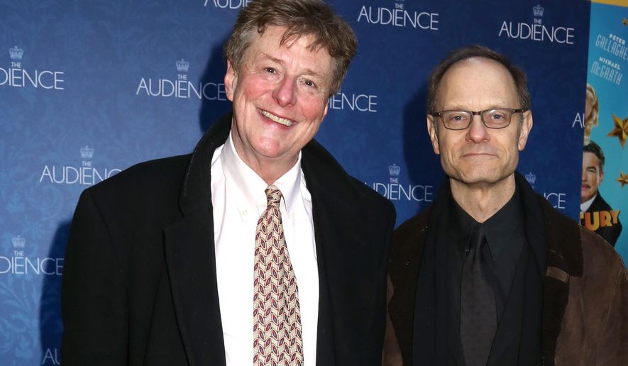 FILE - In this March 8, 2015 file photo, Brian Hargrove, left, and David Hyde Pierce attend the Broadway opening night of "The Audience" at The Gerald Schoenfeld Theatre, in New York. Pierce is directing, not acting, in the romantic comedy musical "It Shoulda Been You" and calling the shots. The former "Frasier" star has a personal reason to be involved in the show: The wedding-themed "It Shoulda Been You," which opens Wed., April 14, 2015, has a story and lyrics by Hargrove, Pierce's husband. (Photo by Greg Allen/Invision/AP, File)