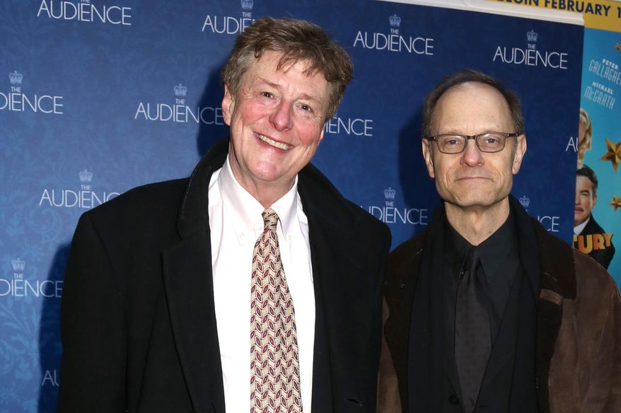 FILE - In this March 8, 2015 file photo, Brian Hargrove, left, and David Hyde Pierce attend the Broadway opening night of "The Audience" at The Gerald Schoenfeld Theatre, in New York. Pierce is directing, not acting, in the romantic comedy musical "It Shoulda Been You" and calling the shots. The former "Frasier" star has a personal reason to be involved in the show: The wedding-themed "It Shoulda Been You," which opens Wed., April 14, 2015, has a story and lyrics by Hargrove, Pierce's husband. (Photo by Greg Allen/Invision/AP, File)