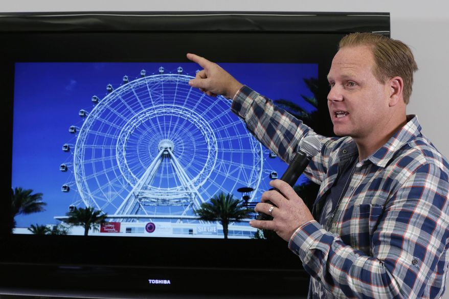 High-wire performer Nik Wallenda announces his latest stunt at the 400-foot Orlando Eye, during a news conference, in New York, Monday, April 13, 2015. Wallenda says he'll walk untethered on top of an Orlando, Florida observation wheel on April 29. The daredevil has previously crossed Niagara Falls, the Grand Canyon and the divide between two Chicago skyscrapers. (AP Photo/Richard Drew)