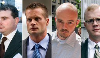 This combination made from file photo shows Blackwater guards, from left, Dustin Heard, Evan Liberty, Nicholas Slatten and Paul Slough. (AP Photo)