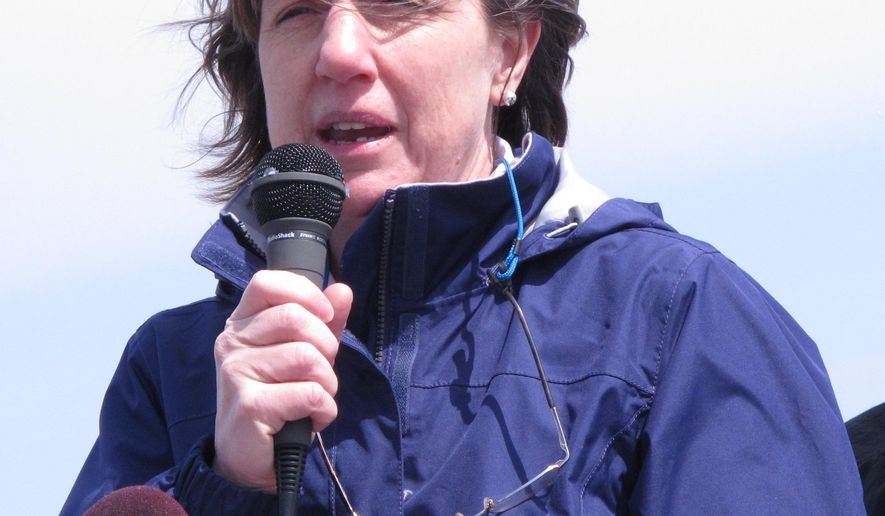 Cindy Zipf, executive director of the Clean Ocean Action environmental group, speaks at a press conference Monday, April 13, 2015, in Sandy Hook, N.J. at which the group released its annual report on the amount and types of garbage picked up from New Jersey beaches by volunteers. Plastic pieces accounted for 13 percent of the 315,000 items removed from the sand last spring and fall. Unusual items found along the shoreline included a whoopee cushion, bra padding, a stun gun and a clay sculpture of the baby Jesus. (AP Photo/Wayne Parry)