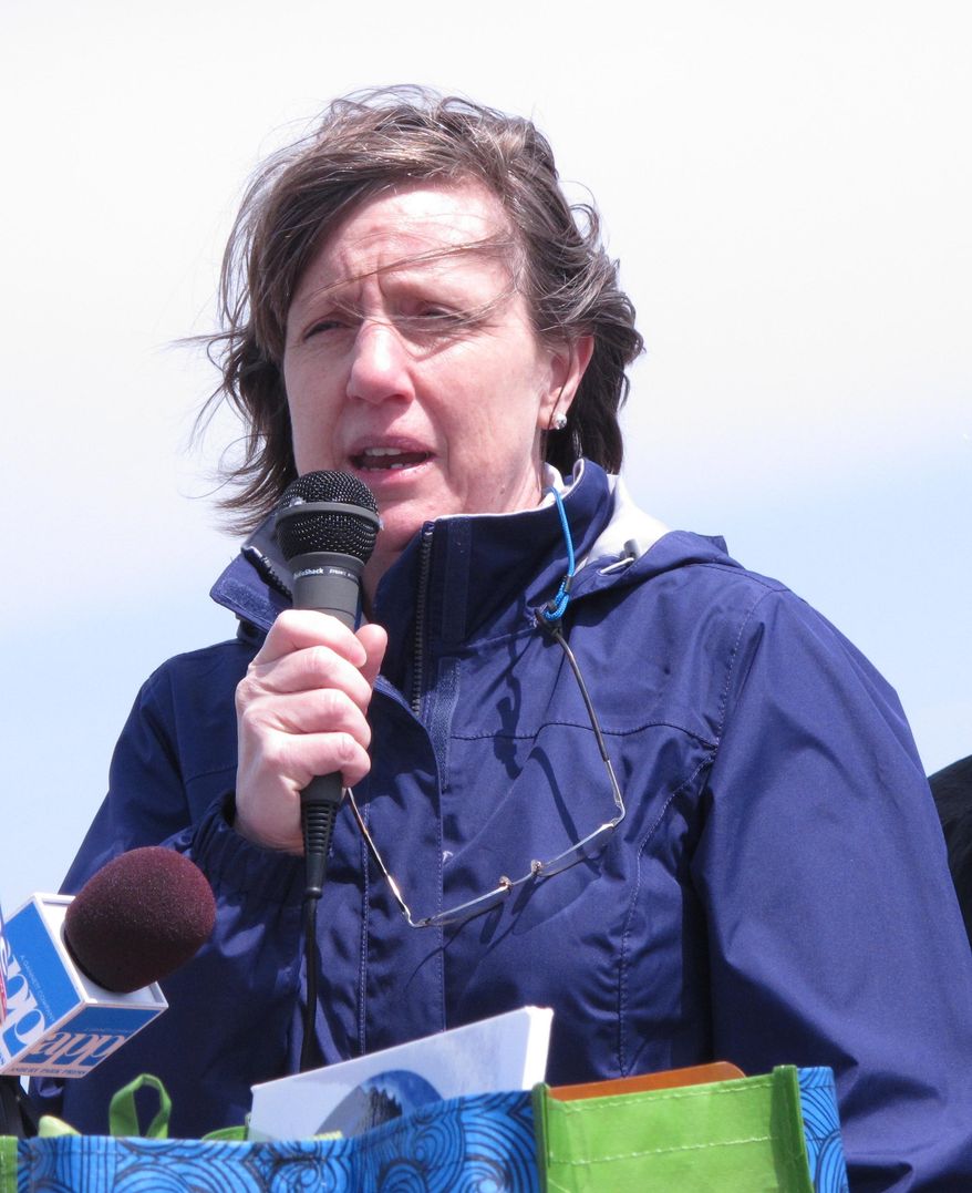 Cindy Zipf, executive director of the Clean Ocean Action environmental group, speaks at a press conference Monday, April 13, 2015, in Sandy Hook, N.J. at which the group released its annual report on the amount and types of garbage picked up from New Jersey beaches by volunteers. Plastic pieces accounted for 13 percent of the 315,000 items removed from the sand last spring and fall. Unusual items found along the shoreline included a whoopee cushion, bra padding, a stun gun and a clay sculpture of the baby Jesus. (AP Photo/Wayne Parry)