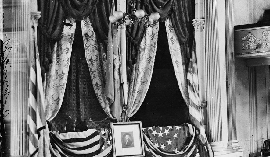 This April 1865 photo provided by the Library of Congress shows President Abraham Lincoln's box at Ford's Theater, the site of his assassination. Under the headline "Great National Calamity!" the AP reported Lincoln’s assassination, on April 15, 1865. (AP Photo/Library of Congress)