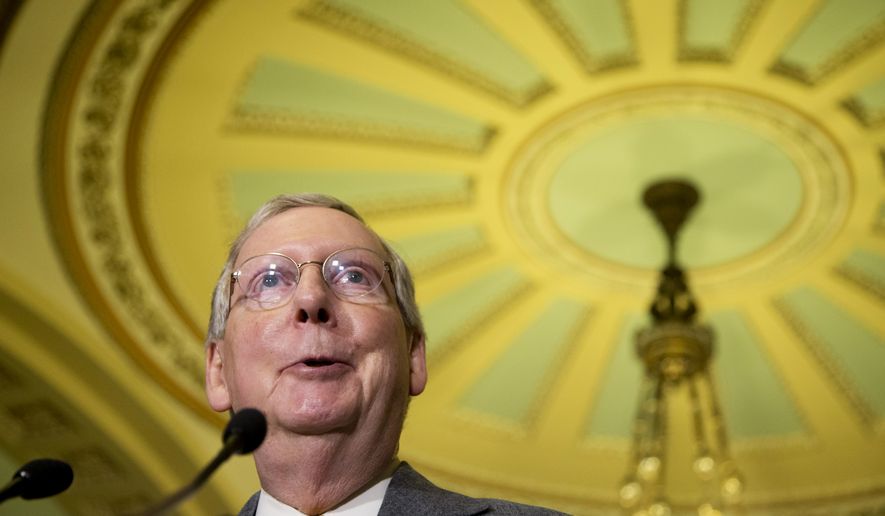 Senate Majority Leader Sen. Mitch McConnell of Ky. speaks to reporters on Capitol Hill in Washington, Tuesday, April 14, 2015, following a Senate policy luncheon.  (AP Photo/Manuel Balce Ceneta)