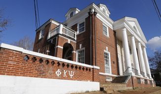 The Phi Kappa Psi fraternity house at the University of Virginia in Charlottesville, Va., Monday, Nov. 24, 2014. (AP Photo/Steve Helber) ** FILE **