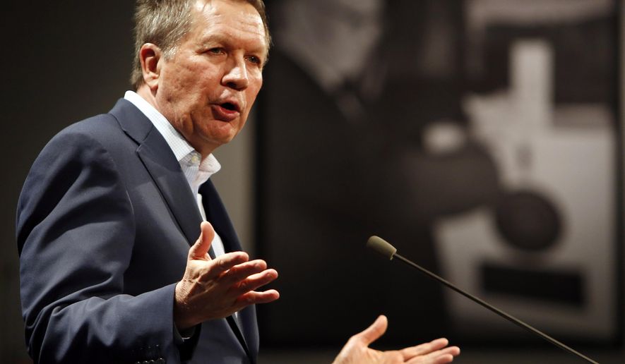 FILE - In this March 24, 2015, file photo, Ohio Gov. John Kasich, R-Ohio speaks at a Politics and Eggs Breakfast with state political activist and area business leaders hosted by the New Hampshire Institute of Politics at Saint Anselm College, in Manchester, N.H. The panel commissioned by Kasich to study police and community relations in Ohio is closing in on a final set of recommendations. (AP Photo/Jim Cole, File)