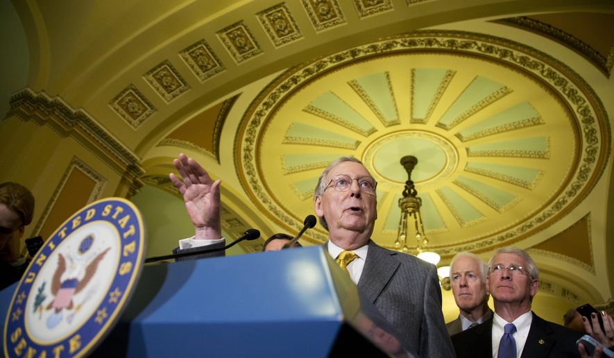 In this April 14, 2015, photo Senate Majority Leader Sen. Mitch McConnell of Ky. speaks to reporters on Capitol Hill in Washington, Tuesday, April 14, 2015, following a Senate policy luncheon as Senate Majority Whip John Cornyn of Texas, and Sen. Roger Vicker, R-Miss., right, listen. Suddenly, bipartisanship has broken out on Capitol Hill. On Iran, Medicare, education and trade, Republicans and Democrats have come together to make deals, and that’s something rarely seen lately. "It’s great," Cornyn said after the Senate followed the House’s lead this past week in overwhelmingly passing a bill overhauling the Medicare payment system for doctors. "There’s just a huge pent-up demand to actually get something done, on both sides." (AP Photo/Manuel Balce Ceneta)