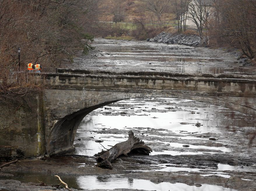 Water levels are low on the Normans Kill after a landslide upstream blocked a portion of the creek on Monday, April 20, 2015, in Bethlehem, N.Y. A state of emergency has been declared after the landslide dammed up the creek, but officials say there's no immediate danger of flooding and no need for evacuations. (AP Photo/Mike Groll)