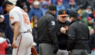 Baltimore Orioles manager Buck Showalter, second from right, argues a call near Orioles pitcher Wei-Yin Chen (16) during the third inning of a baseball game against the Boston Red Sox, Monday, April 20, 2015, in Boston. (AP Photo/Michael Dwyer)