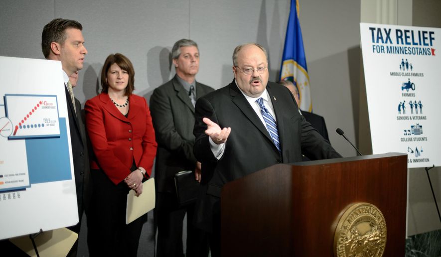 House Speaker Kurt Daudt, R-Crown, House Majority Leader Joyce Peppin, R-Rogers, House Property Tax & Local Government Chairman Steve Drazkowski, R-Mazeppa, House Taxes Committee Chairman Greg Davids, R-Preston, announced the House Republican Omnibus Tax bill Monday, April 20, 2015 in St. Paul. (Glen Stubbe/Star Tribune via AP) MANDATORY CREDIT; ST. PAUL PIONEER PRESS OUT; MAGS OUT; TWIN CITIES LOCAL TELEVISION OUT