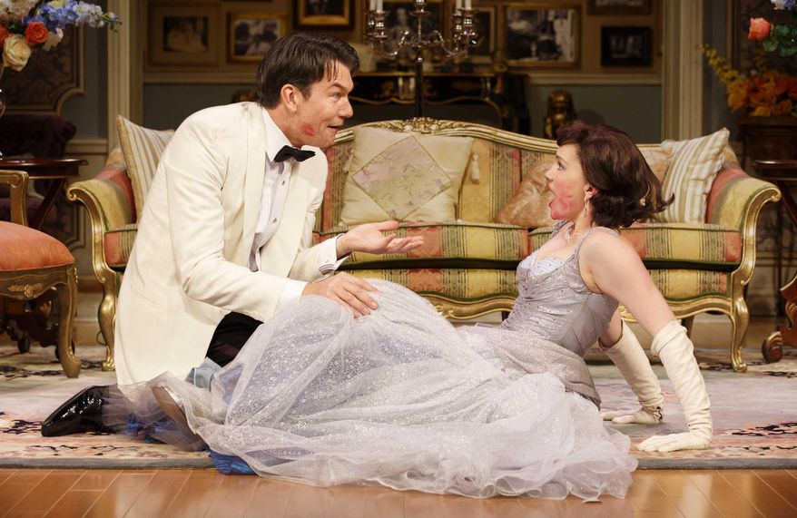 In this undated image released by Boneau/Bryan-Brown, Jerry O'Connell, left, and Anna Chumsky appear during a performance of "Living on Love" at the Longacre Theatre in New York. (Joan Marcus/Boneau/Bryan-Brown via AP)