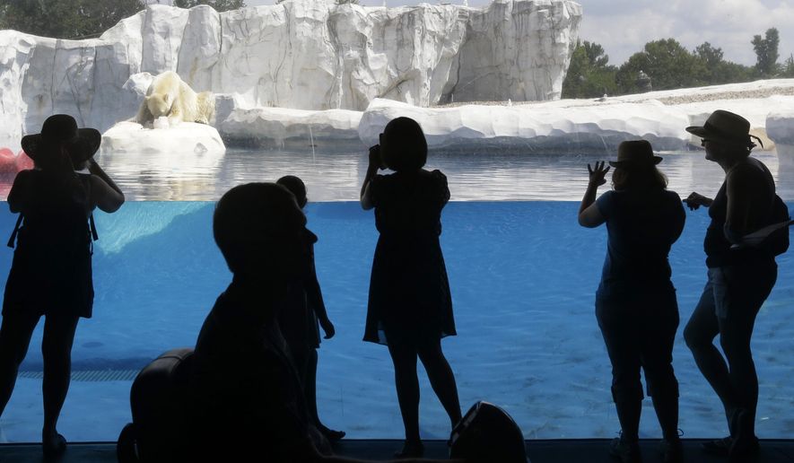 FILE--In this July 17, 2013 file photo, visitors to the Detroit Zoo watch as Nuka, an 8-year-old polar bear snacks on a frozen treat of fish incased in ice at the zoo in Royal Oak, Mich. The zoo says Monday, April 20, 2015 that construction on the anaerobic biodigester begins this spring and will be completed this year. The biodigester will turn about 400 tons of manure a year as well as other organic waste into methane-rich gas. (AP Photo/Carlos Osorio, file)