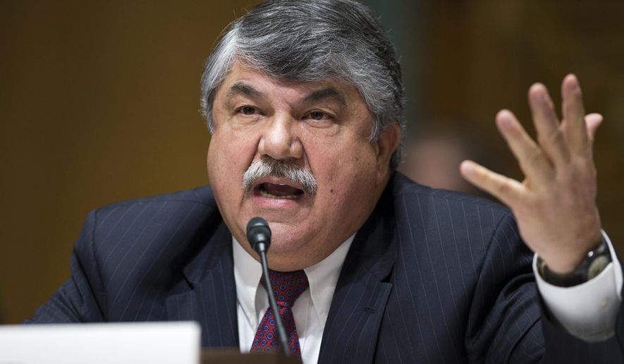 AFL-CIO President Richard Trumka testifies on Capitol Hill in Washington, Tuesday, April 21, 2015, before a Senate Finance Committee hearing on fast track authority. Major labor unions and business groups clashed Tuesday over President Barack Obama's bid for "fast track" authority to advance trade deals being negotiated with numerous nations. Trumka told the committee that the fast track legislation would rob Congress of a meaningful role in shaping trade deals. (AP Photo/Evan Vucci)