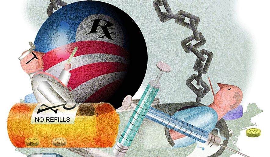 Illustration on the adverse impact of five years of Obamacare by Alexander Hunter/The Washington Times