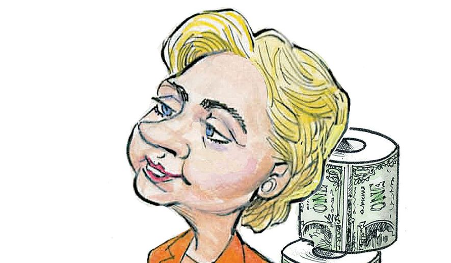 Illustration on Hillary and money questions by Alexander Hunter/The Washington Times