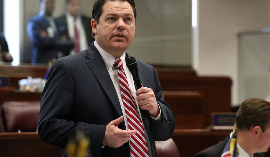 Nevada Senate Majority Leader Michael Roberson, R-Henderson, speaks during Senate floor debate on Gov. Brian Sandoval's tax proposal to overhaul the state's business license fees at the Legislative Building in Carson City, Nev., on Tuesday, April 21, 2015. The Senate approved the measure 17-4 with bipartisan support to reach the required two-thirds majority. (AP Photo /Cathleen Allison)