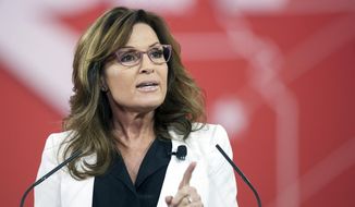 In this Feb. 26, 2015, file photo, former Alaska Gov. Sarah Palin speaks during the Conservative Political Action Conference (CPAC) in National Harbor, Md. (AP Photo/Cliff Owen, File)