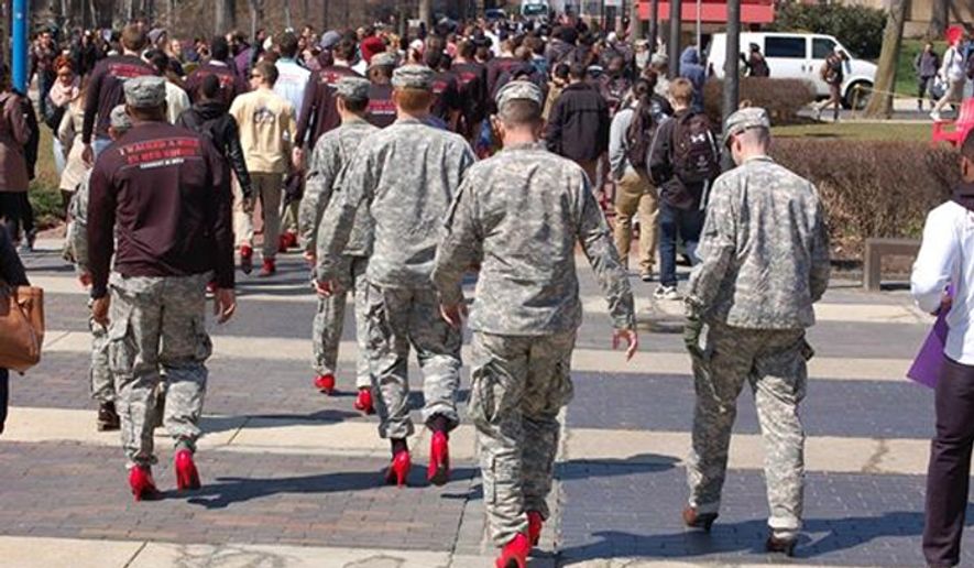 ROTC cadets participate in a &quot;Walk a Mile in Her Shoes&quot; event held at Temple University on April 1, 2015. (Image: Temple University Army ROTC)